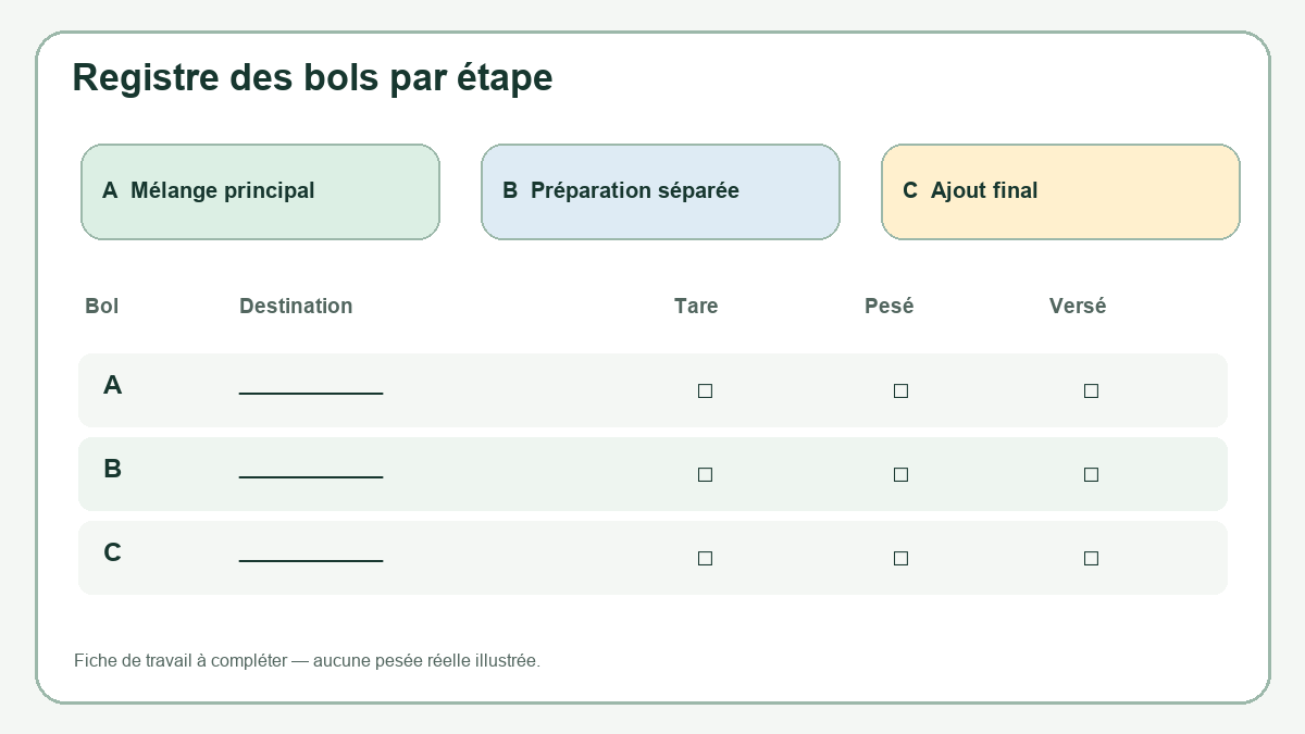 Cake aux noix et chocolat : peser les ajouts dans des bols séparés